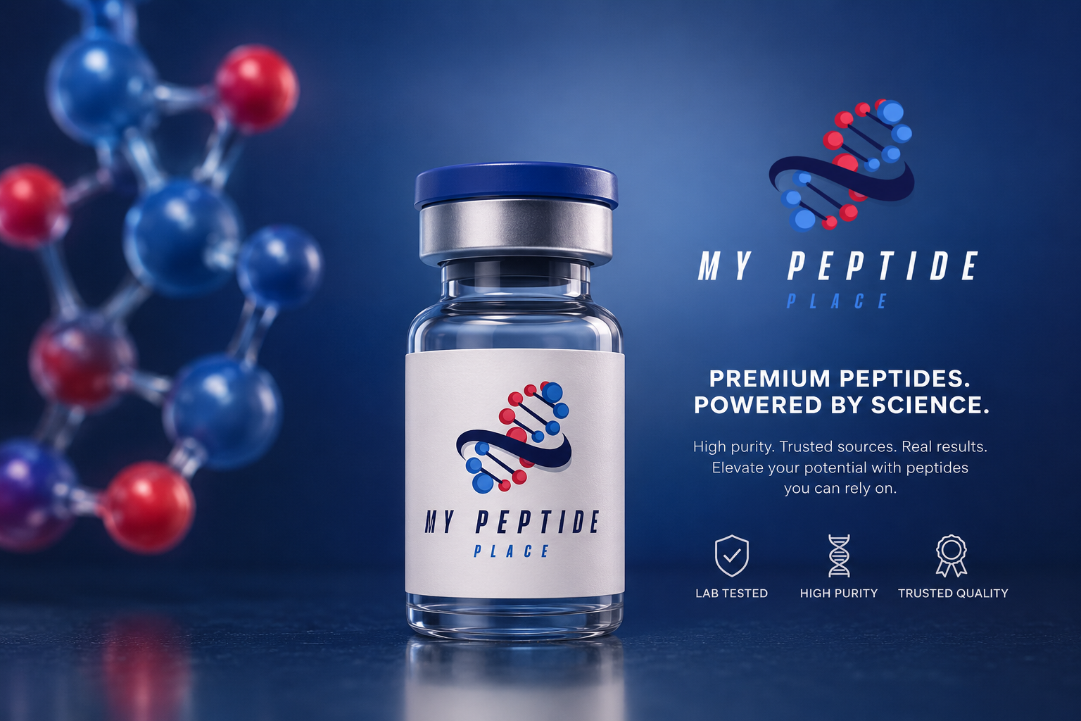 MyPeptidePlace research-grade peptide vial with molecular structure